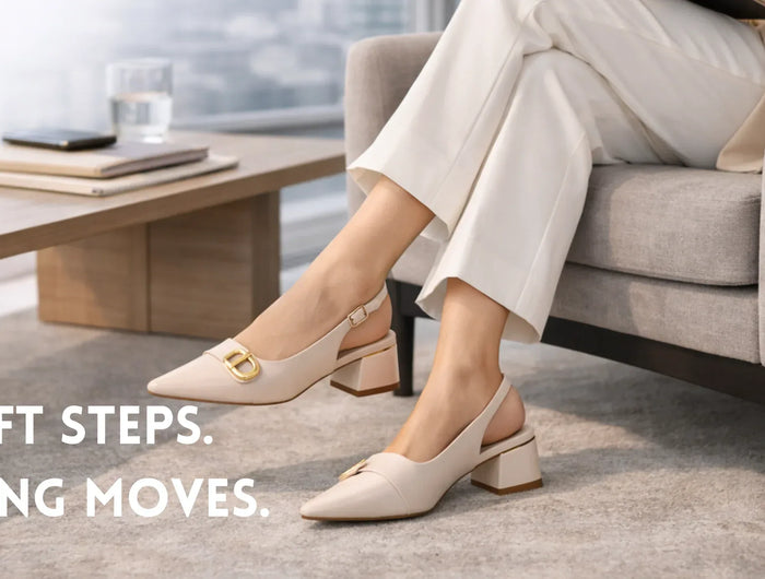 Person wearing beige shoes in a living room setting with text 'Soft Steps. Strong Moves.'