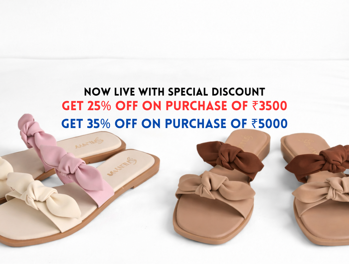 Three pairs of sandals with bows on a white background, featuring promotional text for discounts.