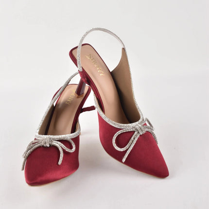 Crystal Bow Wine Suede Heels - Stilnyy