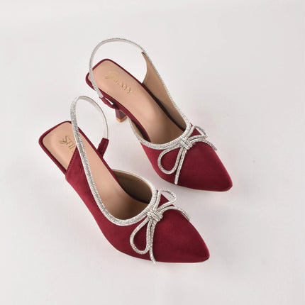 Crystal Bow Wine Suede Heels - Stilnyy