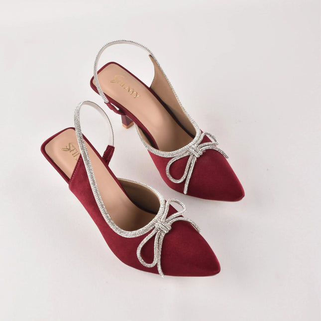Crystal Bow Wine Suede Heels - Stilnyy