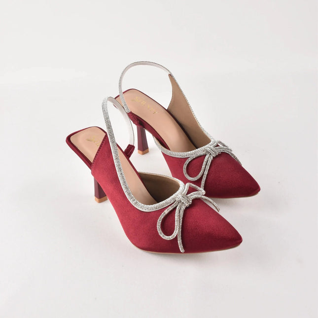 Crystal Bow Wine Suede Heels - Stilnyy