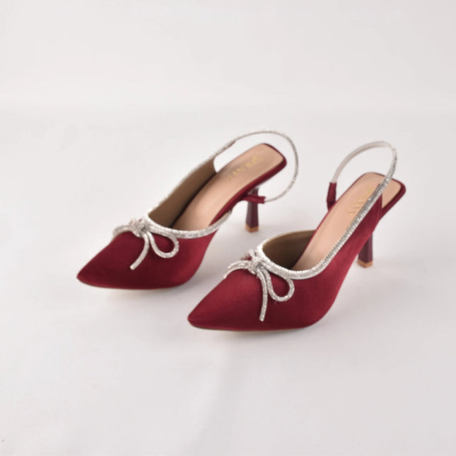 Crystal Bow Wine Suede Heels - Stilnyy