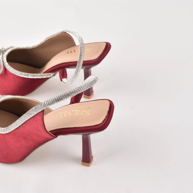 Crystal Bow Wine Suede Heels - Stilnyy